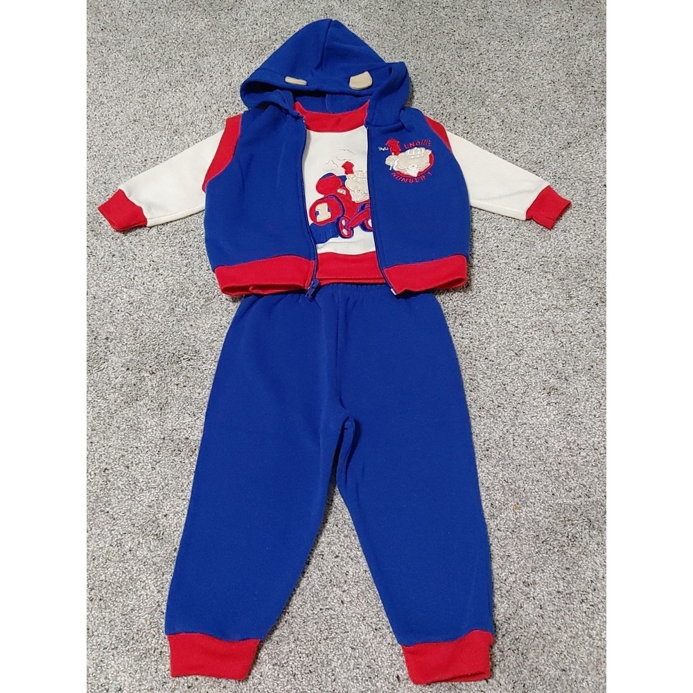 90s 18mo Toddler Boy's 3-Piece Track Suit Train Engine Hooded Vest Pant Top